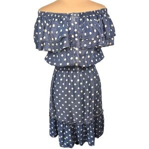 Sneak Peek Blue Chambray Off Shoulder Polka Dot Ruffle Neck Dress Size M